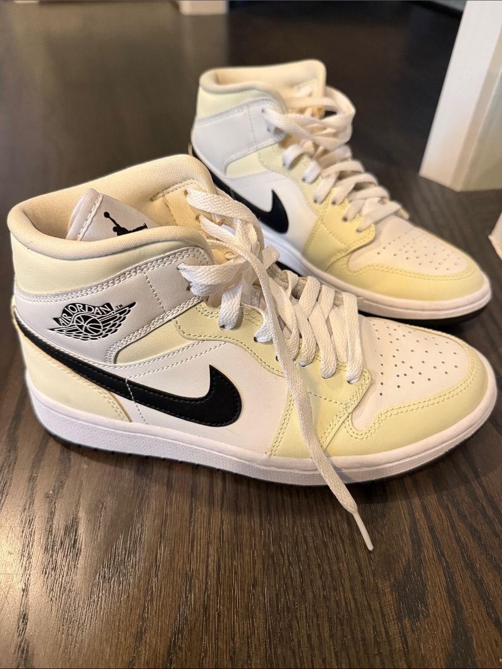 Jordan 1 Mid-Top Sneakers in White, Pale Yellow & Black. Like new!